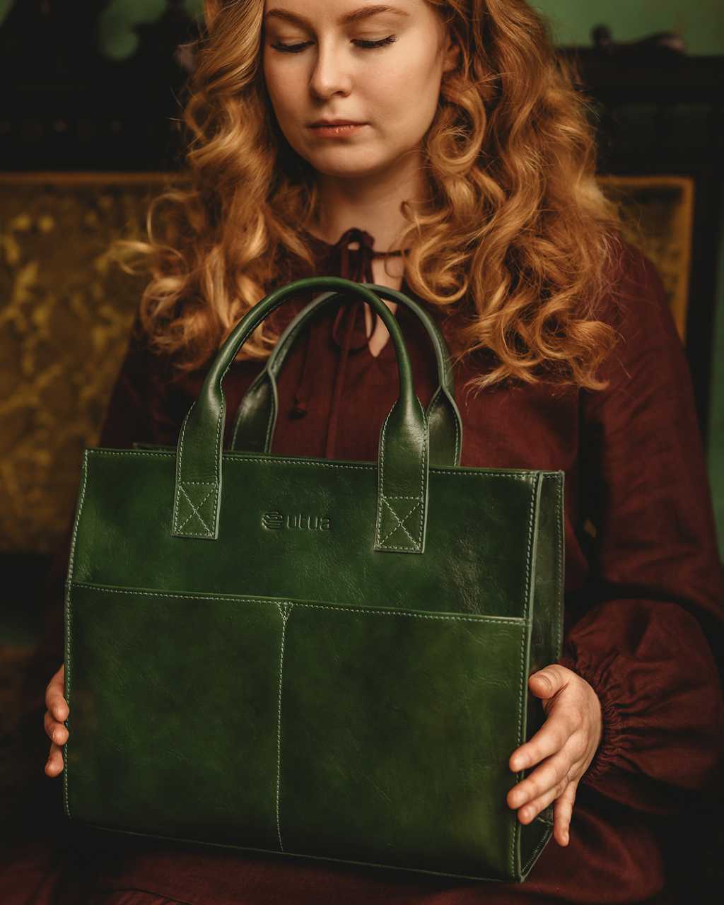 Nahkainen Utua kasviparkittu kasilaukku Minerva Exclusive vihrea