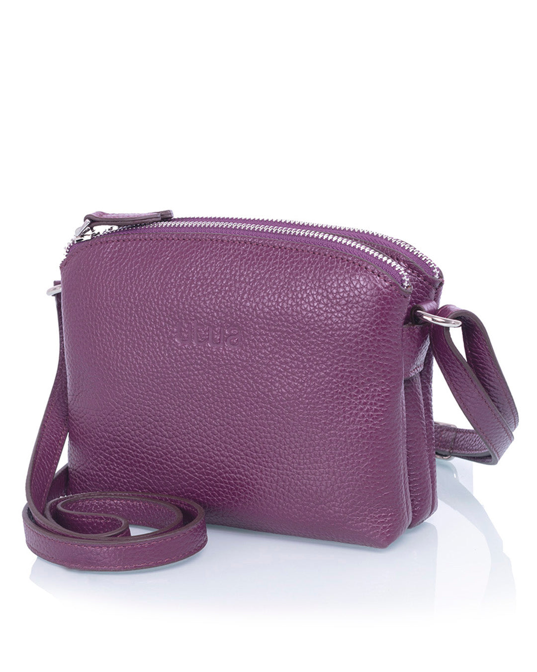 violetti lysti nahkainen pikkulaukku sivulta