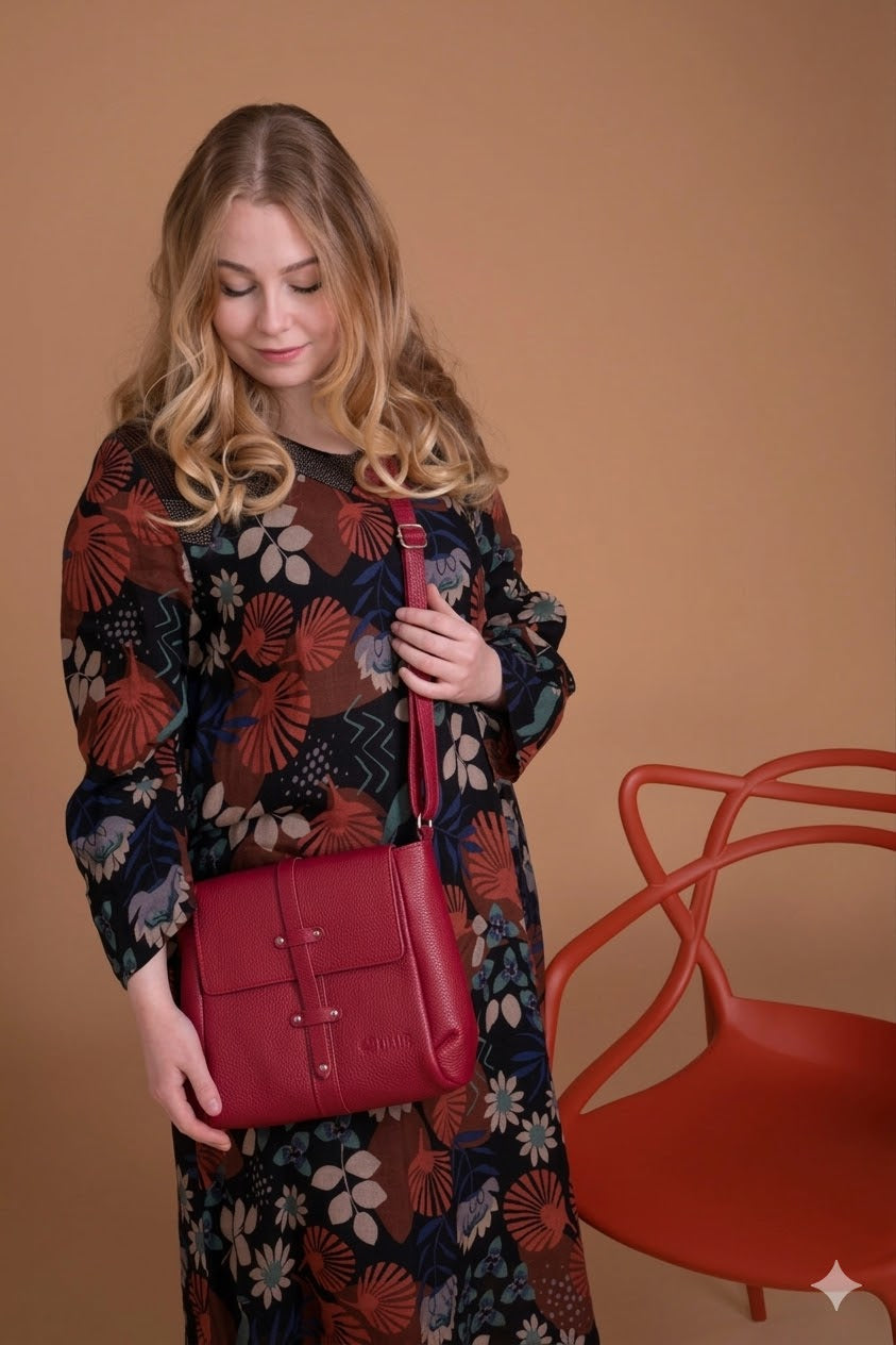 utuan puolukanpunainen nahkainen tasku olkalaukku